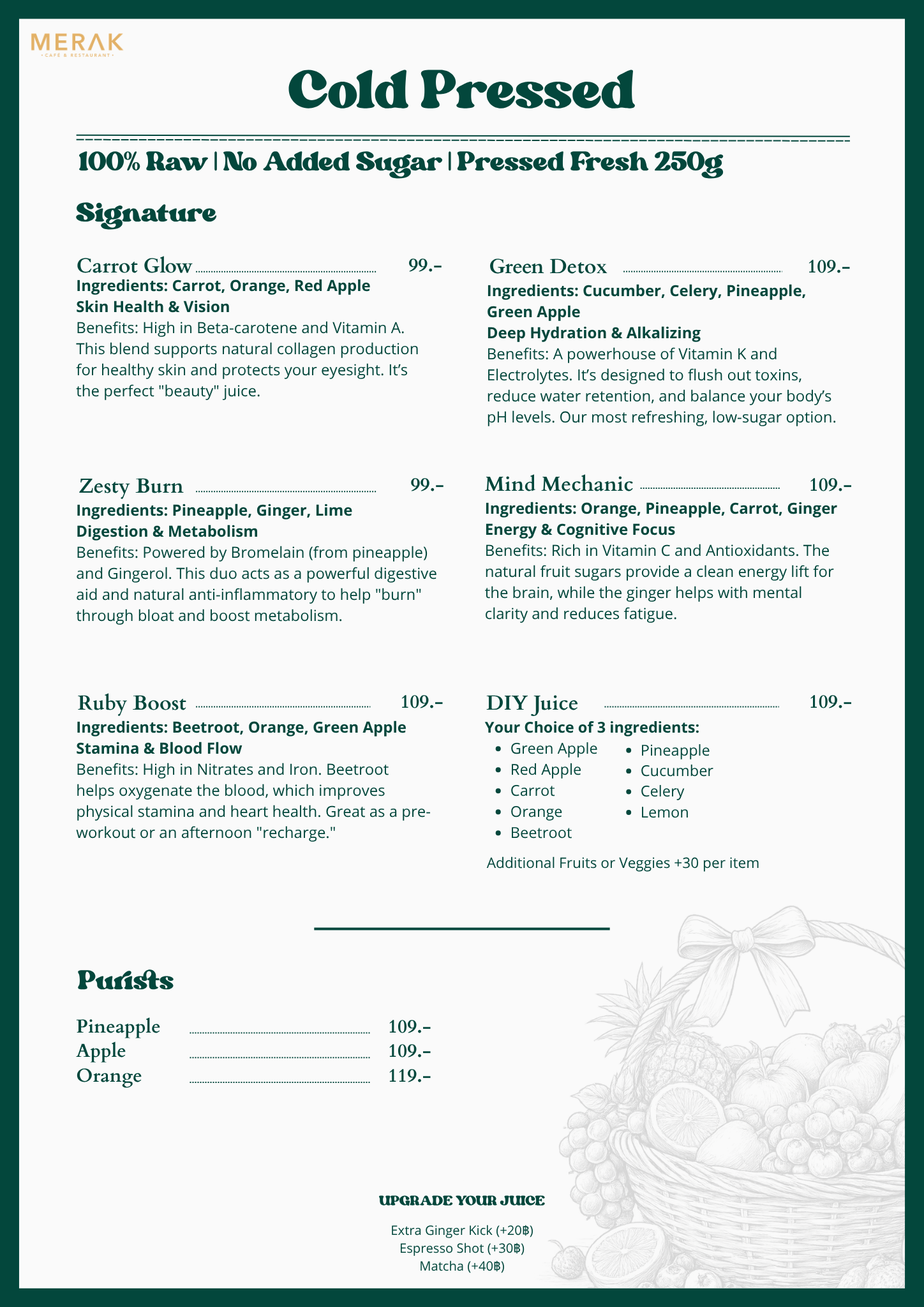 Cold Pressed juice menu page